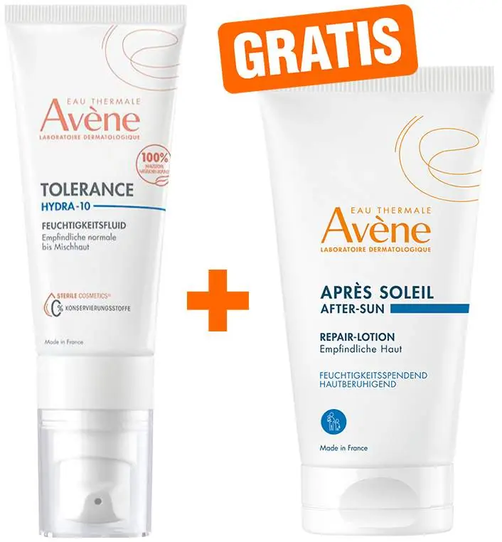 Mega-Angebot Avene Tolerance Hydra-10 Feuchtigkeitsfluid 40 ml + gratis Repair-Lotion nach der Sonne 50 ml