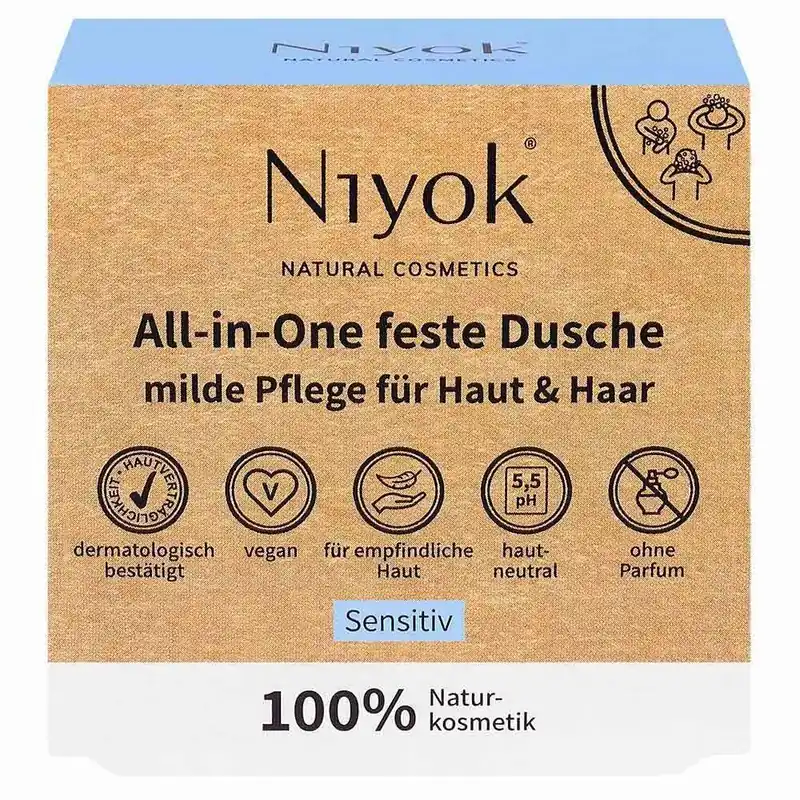 Kostenloser Rückversand Niyok All-in-One feste Dusche Haut + Haar Sensitiv 80 g