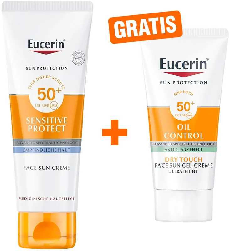Schneller Versand Eucerin Sun Sensitive Protect Face LSF 50+ + gratis Sun Gel-Creme Oil Control 20 ml