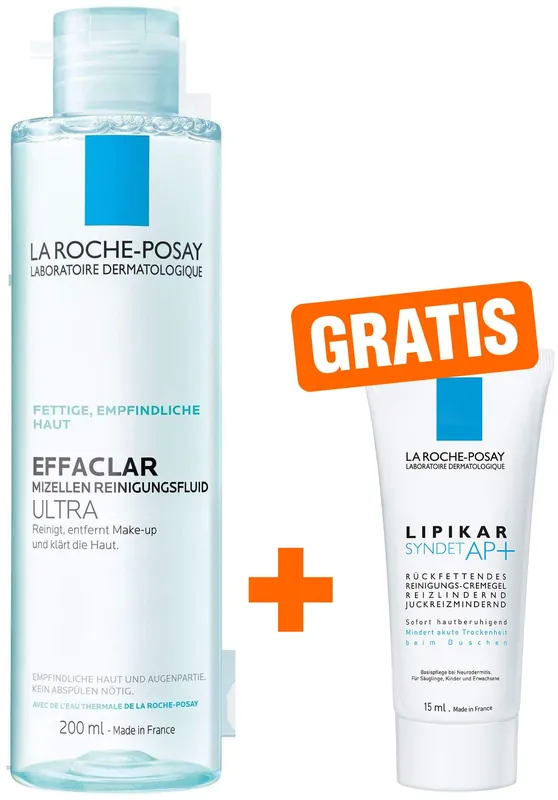 Preisknaller La Roche Posay Effaclar Mizellen Reinigungsfluid Ultra 200 ml + gratis Lipikar Syndet AP+ 15 ml