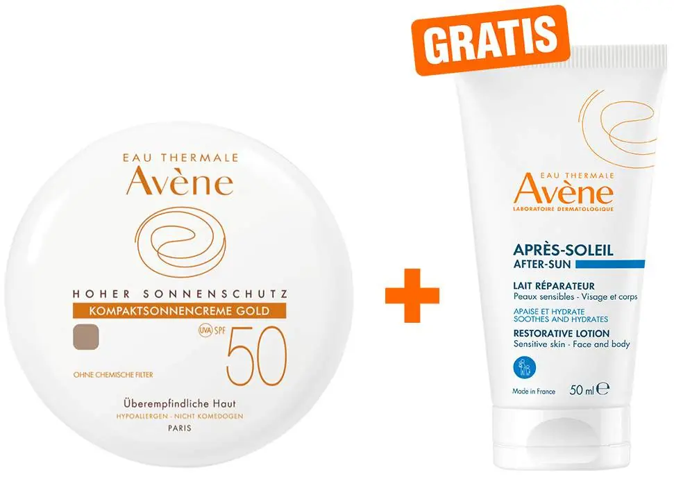 Avene Kompaktsonnencreme SPF 50 Gold 10 g Creme + gratis Repair - Lotion nach der Sonne 50 ml Knallerangebot
