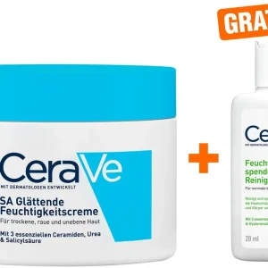 Meistverkauft CeraVe SA Urea Glättende Feuchtigkeitscreme 340 g + gratis Feuchtigkeitsspendende Reinigungslotion 20 ml
