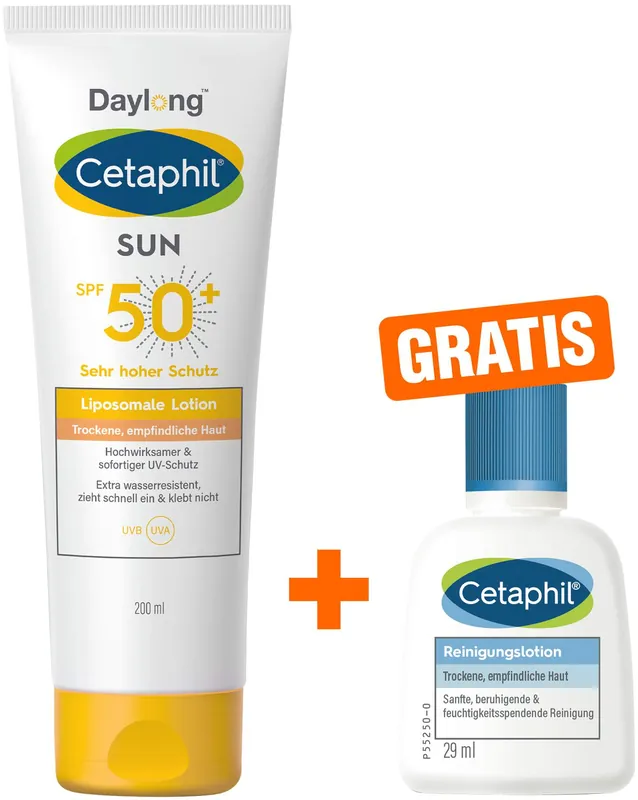 Letzte Chance Cetaphil Sun Daylong SPF 50+ liposomale Lotion 200 ml + gratis Cetaphil Reinigungslotion 29 ml