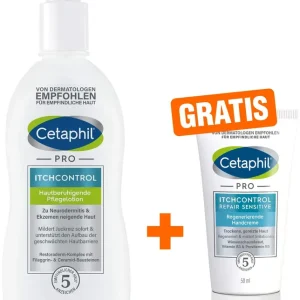 Markenware Cetaphil Pro Itch Control Pflegelotion 295 ml + gratis Sensitive Regenerierende Handcreme 50 ml