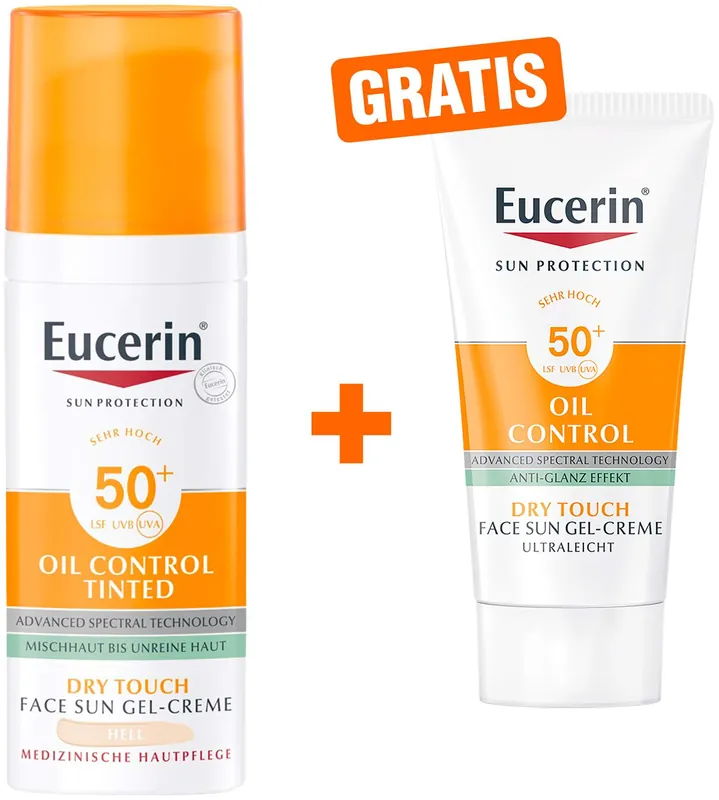 Eucerin Sun Oil Control Face Fluid Getönt (Hell) LSF 50+ 50 ml + hgratis Sun Gel-Creme Oil Control 20 ml Sichere Zahlung