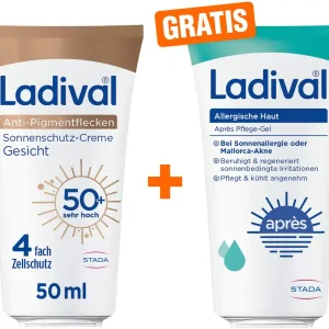 Bestpreis Ladival Anti-Pigmentflecken Sonnenschutz-Creme Gesicht LSF 50+ 50 ml + gratis allergische Haut Apres Pflege Gel 50 ml