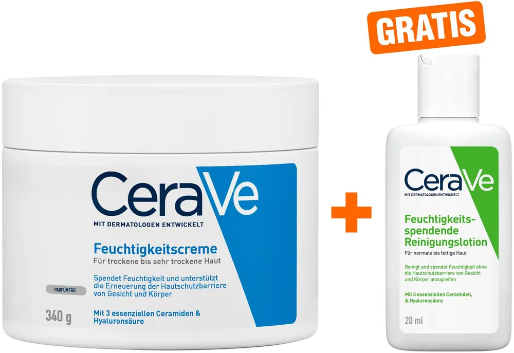 Wochenendangebot CeraVe Feuchtigkeitscreme 340 g + gratis feuchtigkeitsspendende Reinigungslotion 20 ml