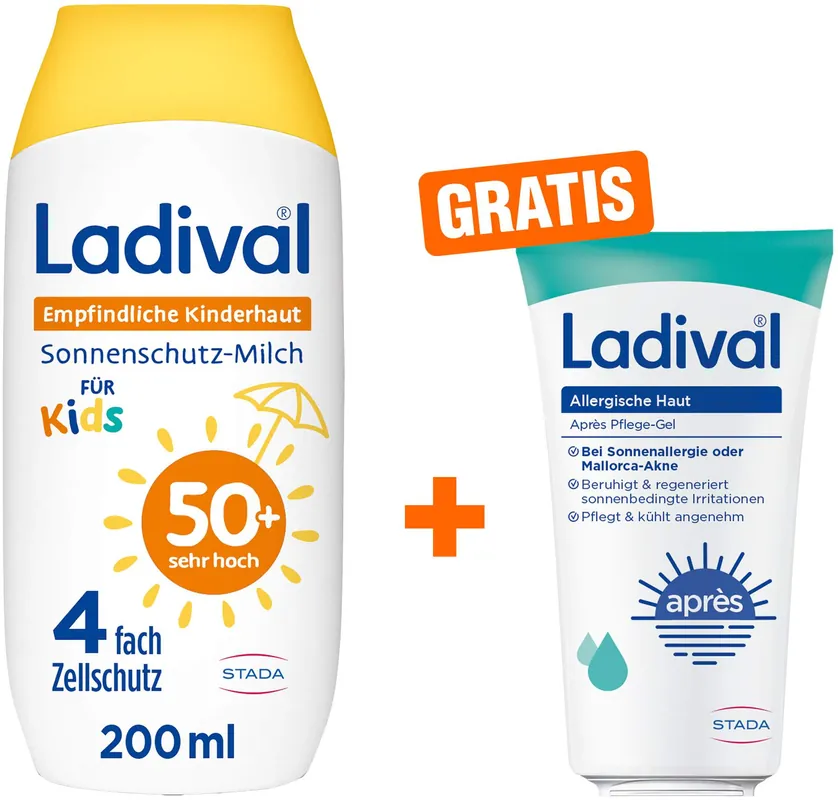 Ladival empfindliche Kinderhaut Milch LSF 50+ 200 ml + gratis allergische Haut Apres Pflege Gel 50 ml Online Kaufen