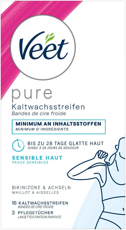 Wochenendangebot Veet Kaltwachsstreifen Bikinizone und Achseln 16 Stück + 4 Tücher