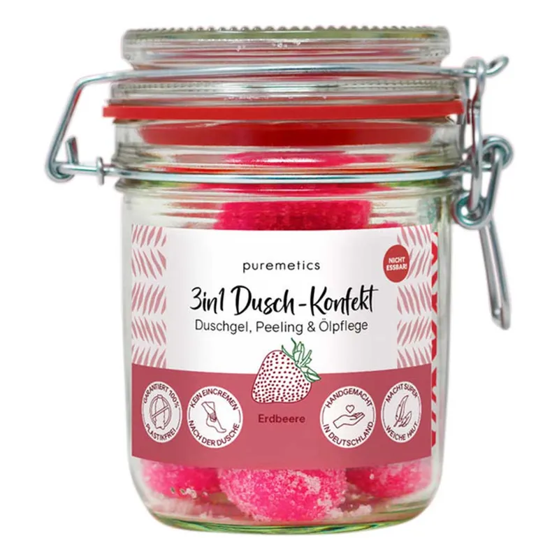 Markenware 3in1 Dusch-Konfekt - Erdbeere 10 Stück im Dekoglas 200g